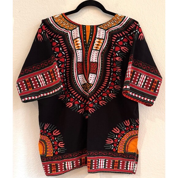 African Dashiki Traditional Boohoo Dressy Shirt Top Black Multicolor 48" Chest‎ - Picture 3 of 8